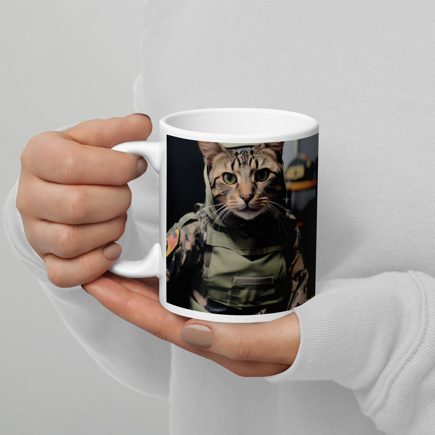 Domestic Shorthair Military Person White glossy mug