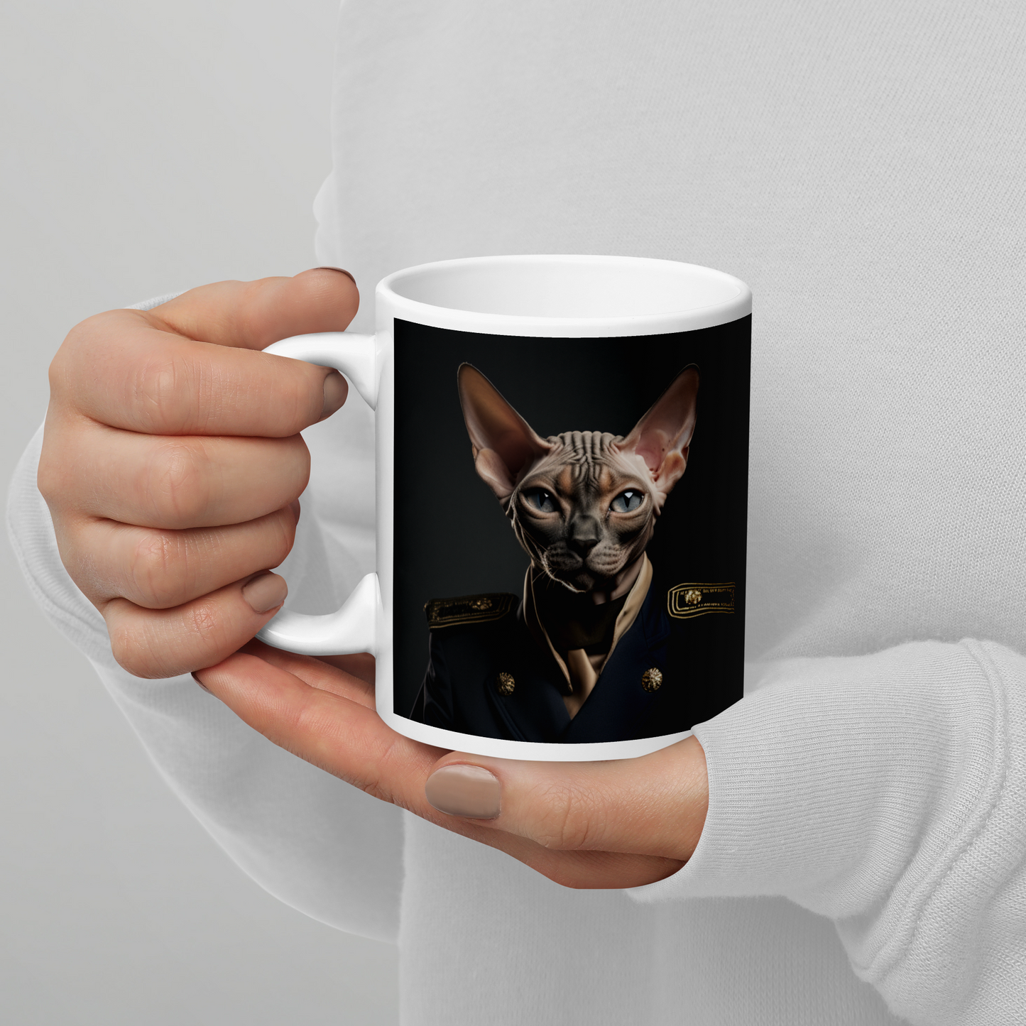 Sphynx Navy Officer White glossy mug