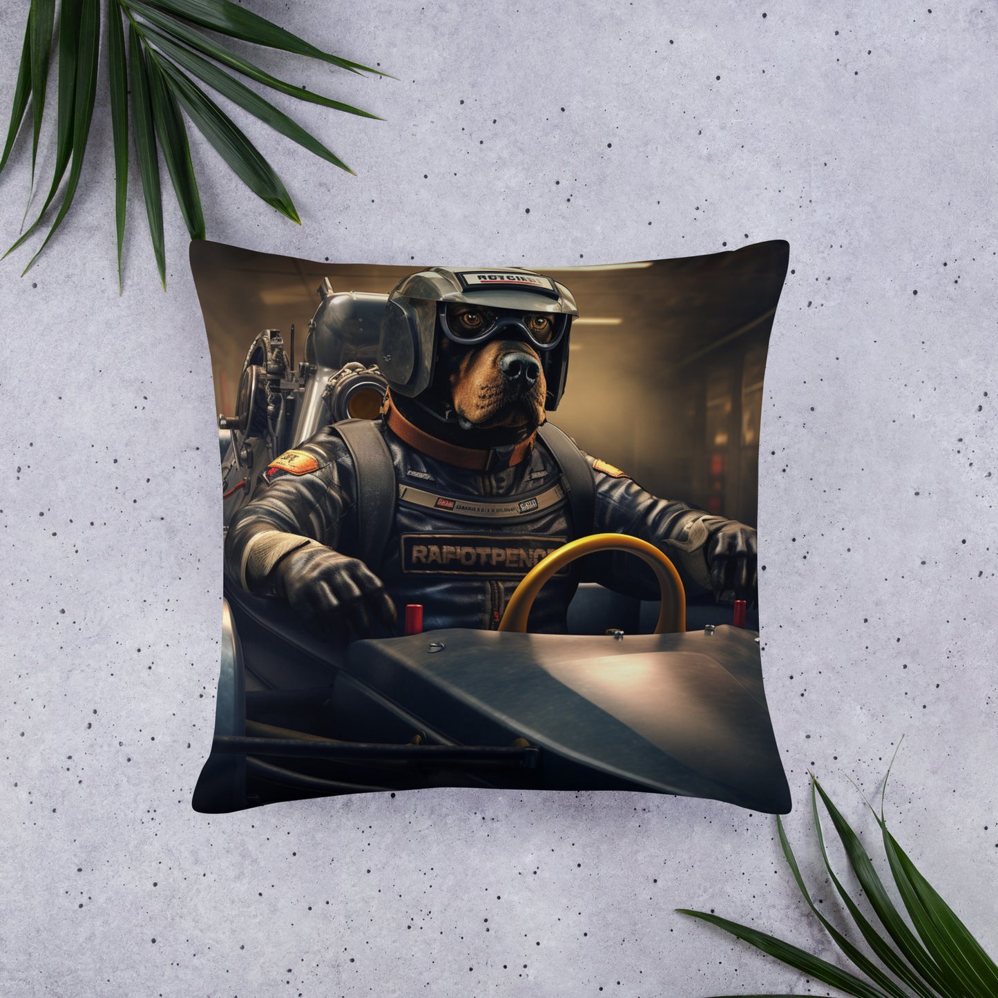 Rottweiler F1 Car Driver Basic Pillow