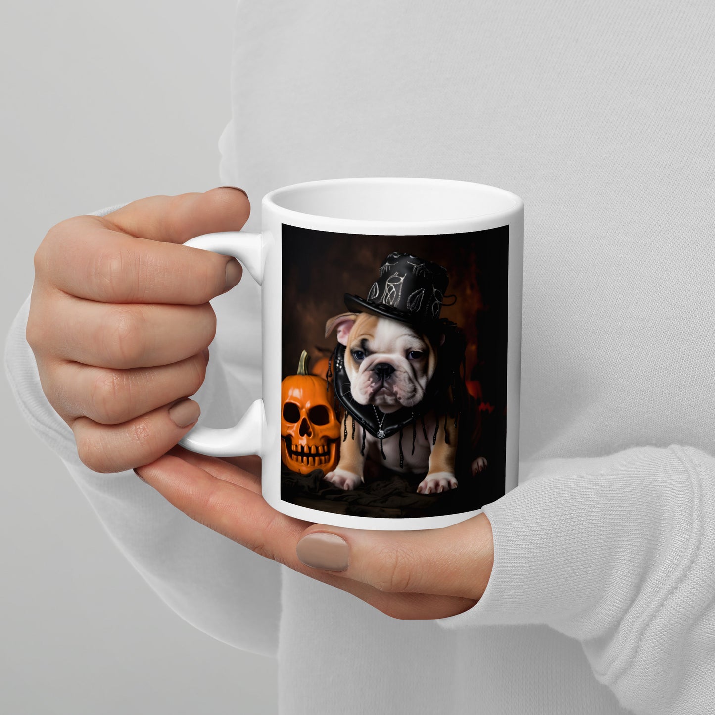 Bulldog Halloween White glossy mug