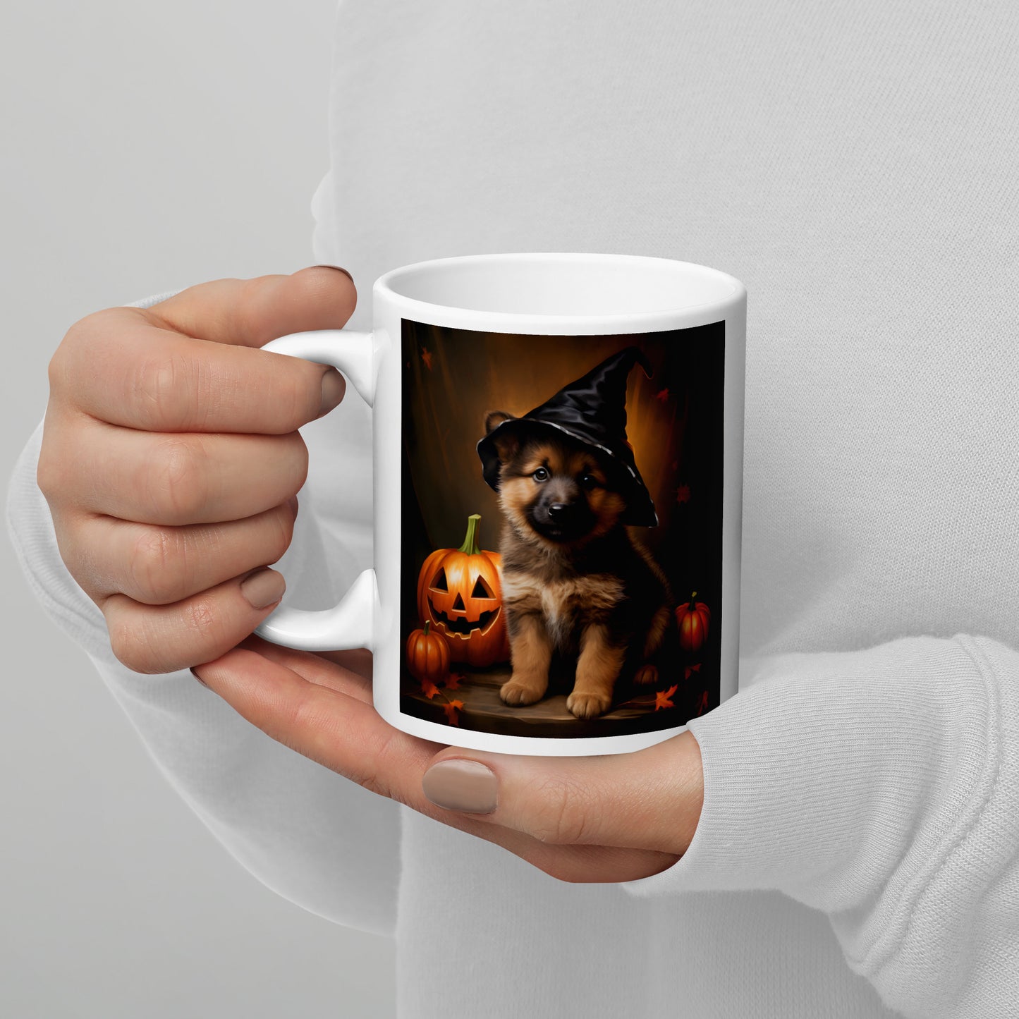 German Shepherd Halloween White glossy mug