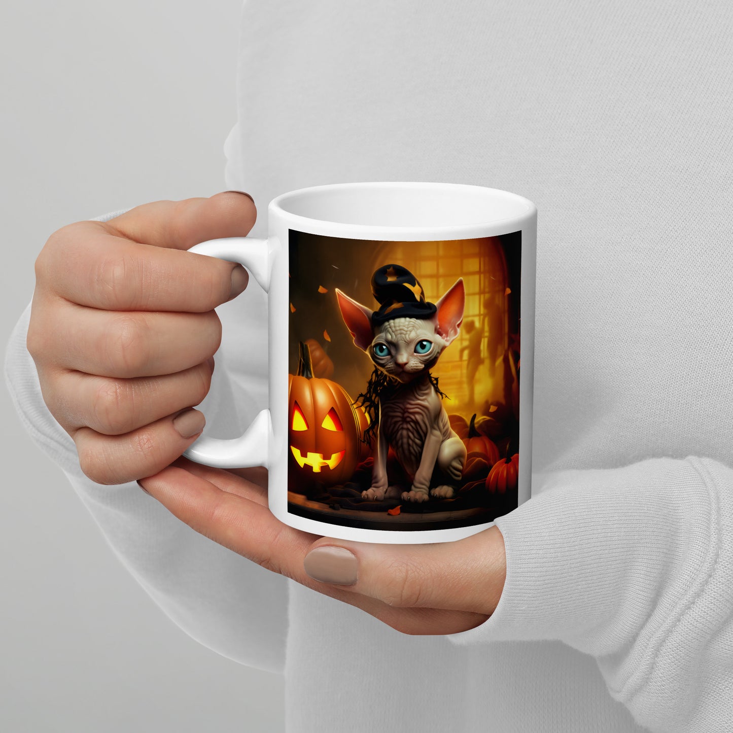 Sphynx Halloween White glossy mug