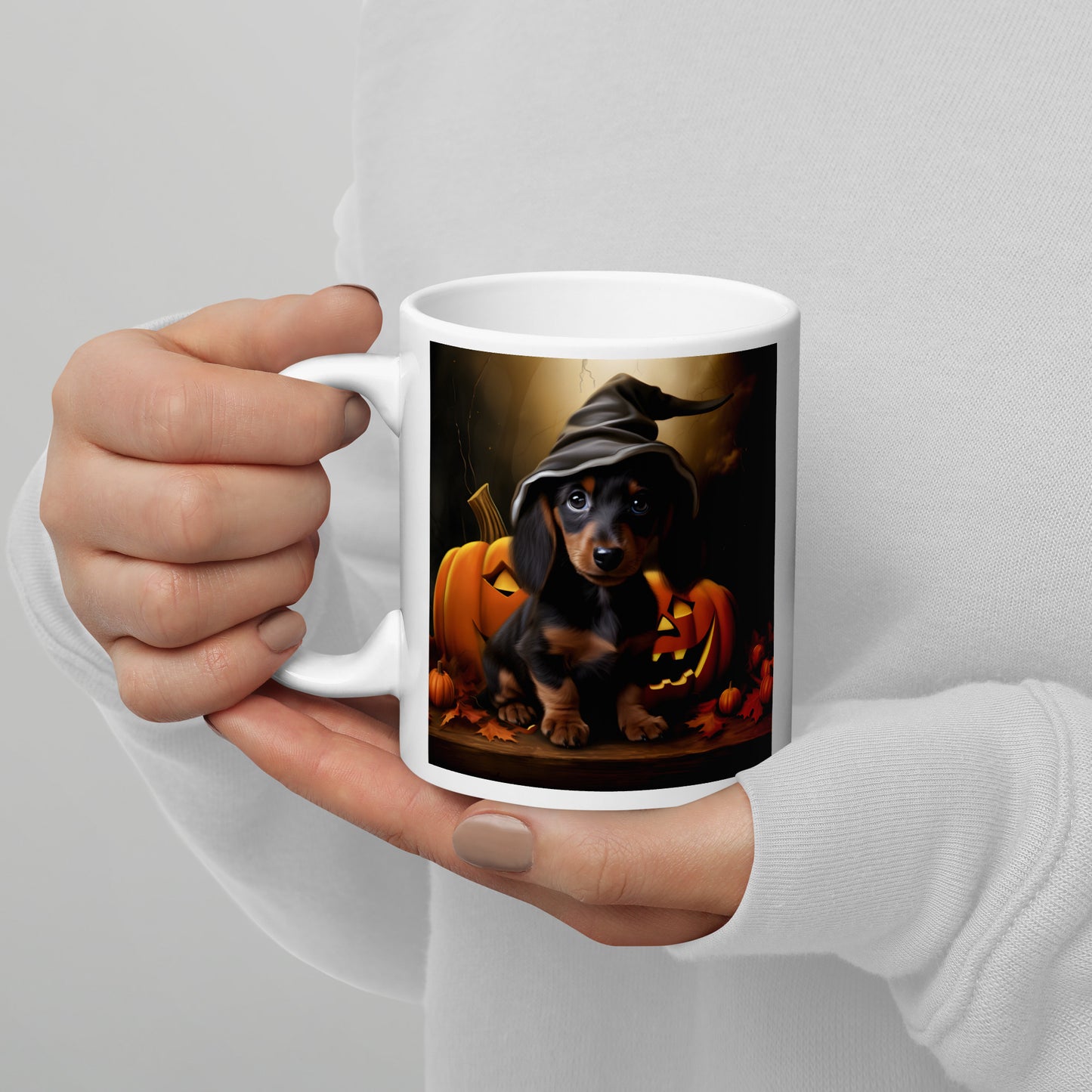 Dachshund Halloween White glossy mug