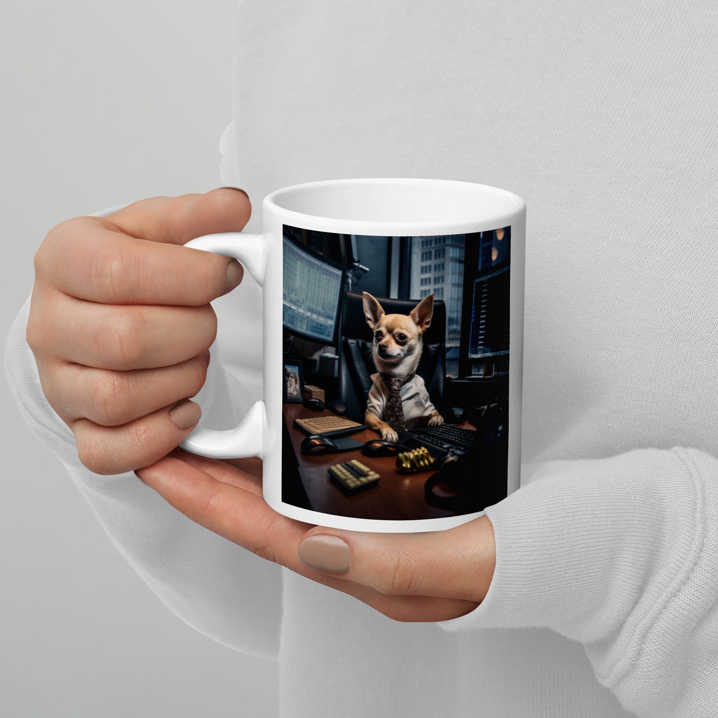 Chihuahua Stock Trader White glossy mug