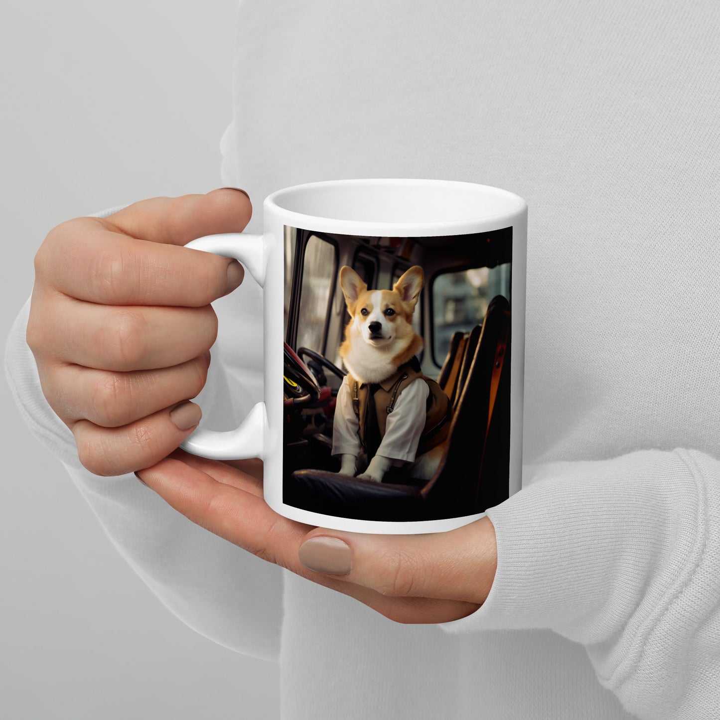 Pembroke Welsh corgi Bus Driver White glossy mug