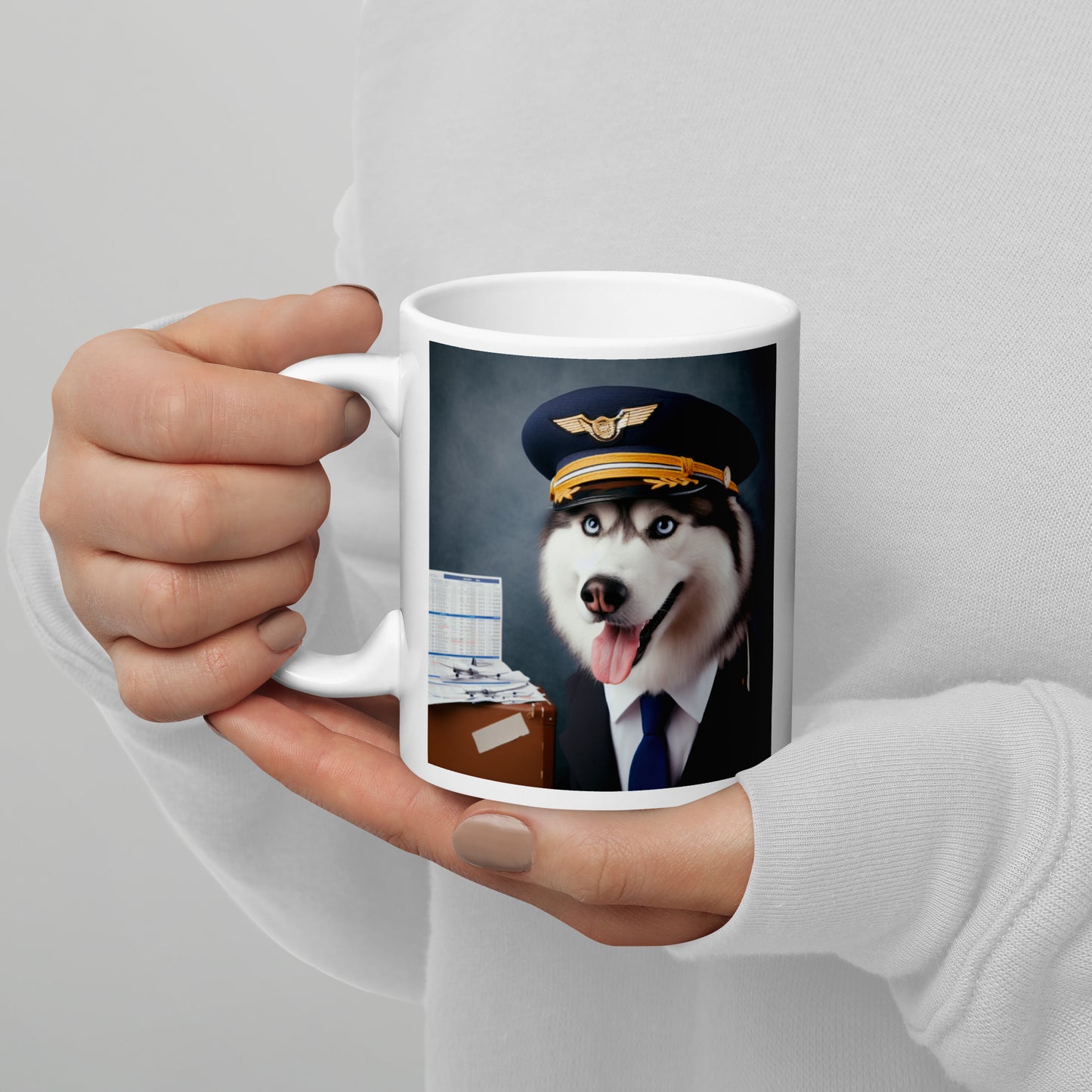 Siberian Husky Airline Pilot White glossy mug