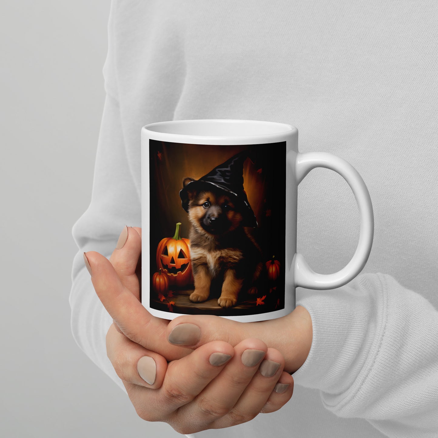 German Shepherd Halloween White glossy mug