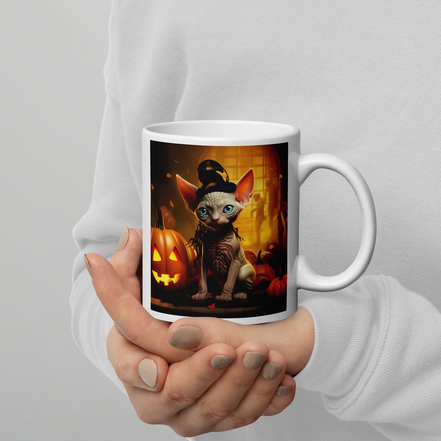 Sphynx Halloween White glossy mug