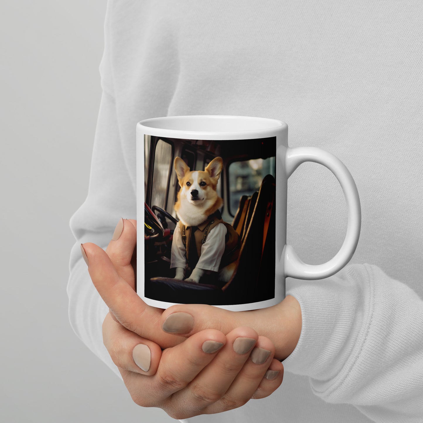 Pembroke Welsh corgi Bus Driver White glossy mug