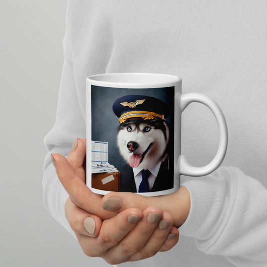 Siberian Husky Airline Pilot White glossy mug