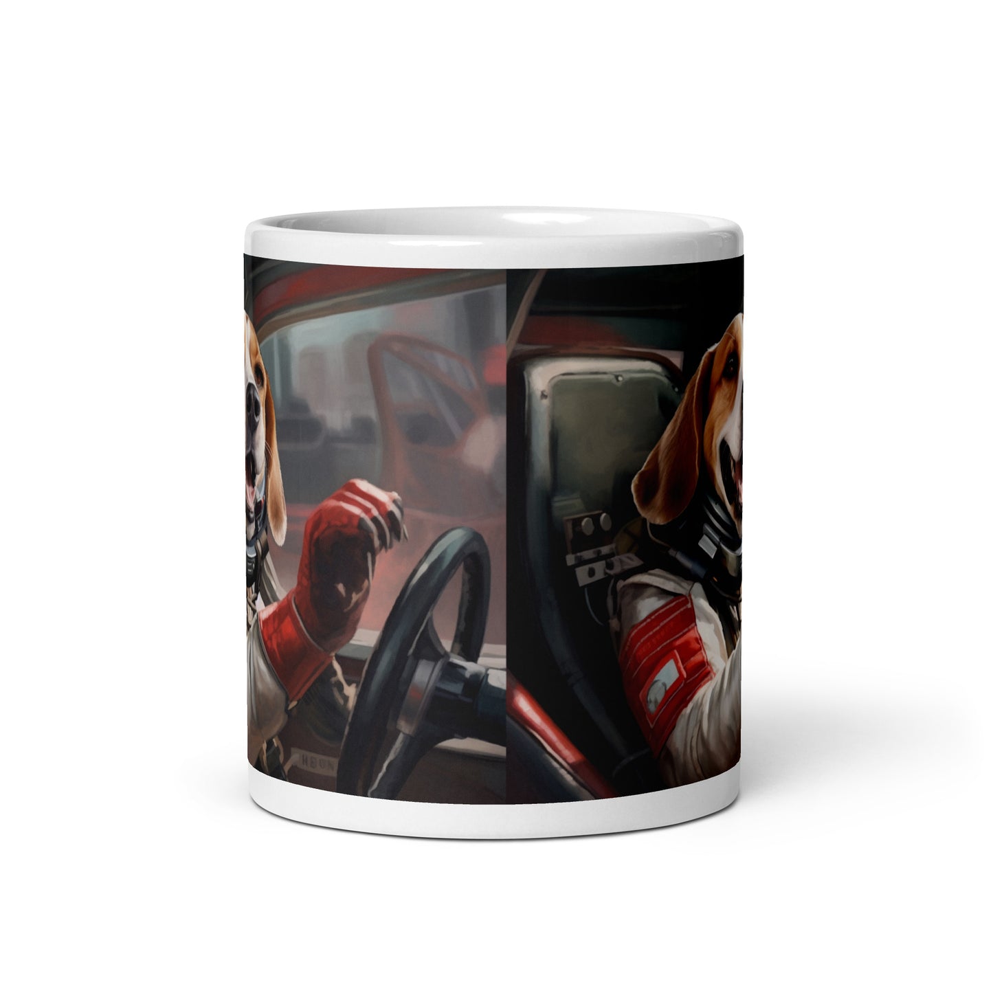 Beagle F1 Car Driver White glossy mug