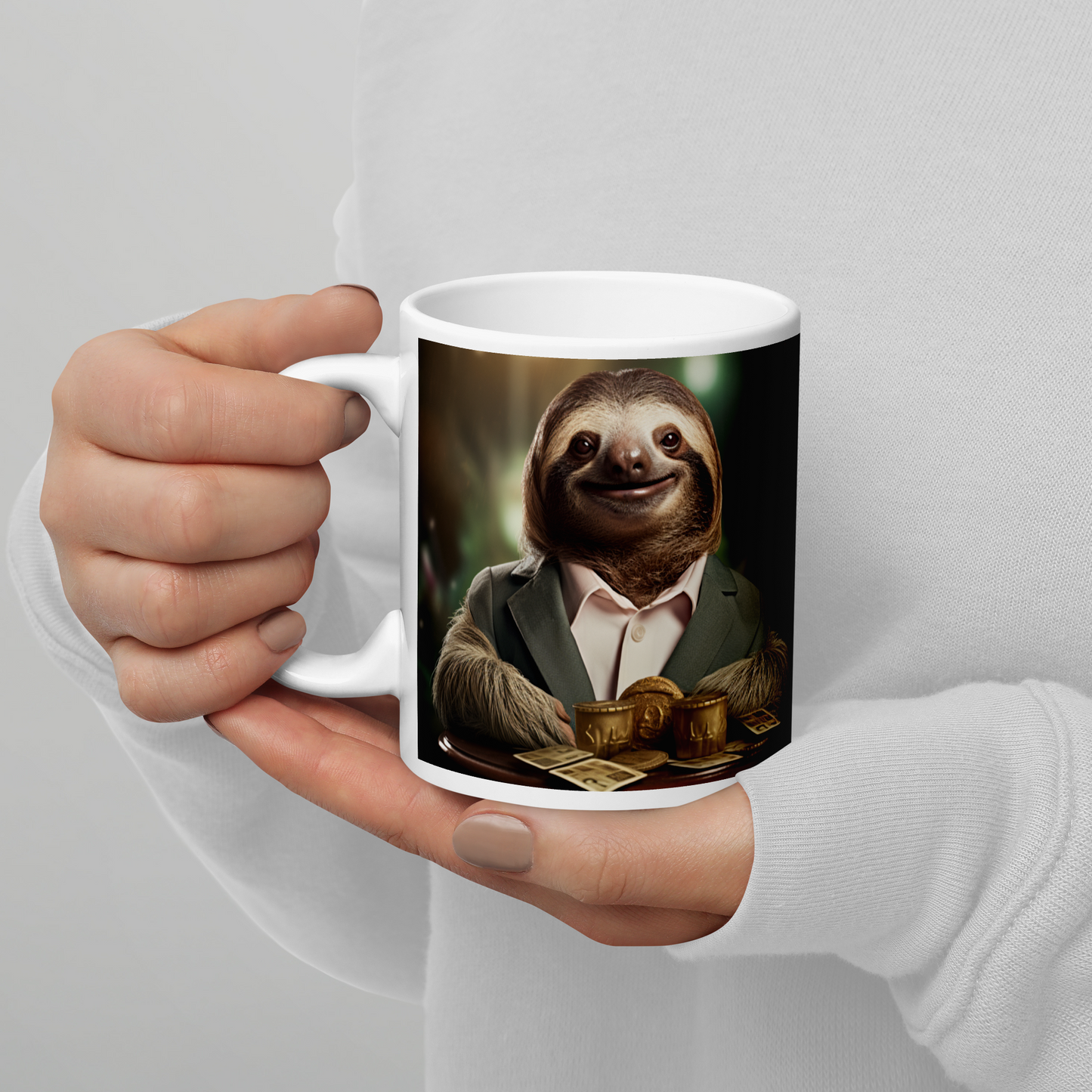 Sloth Millionaire White glossy mug