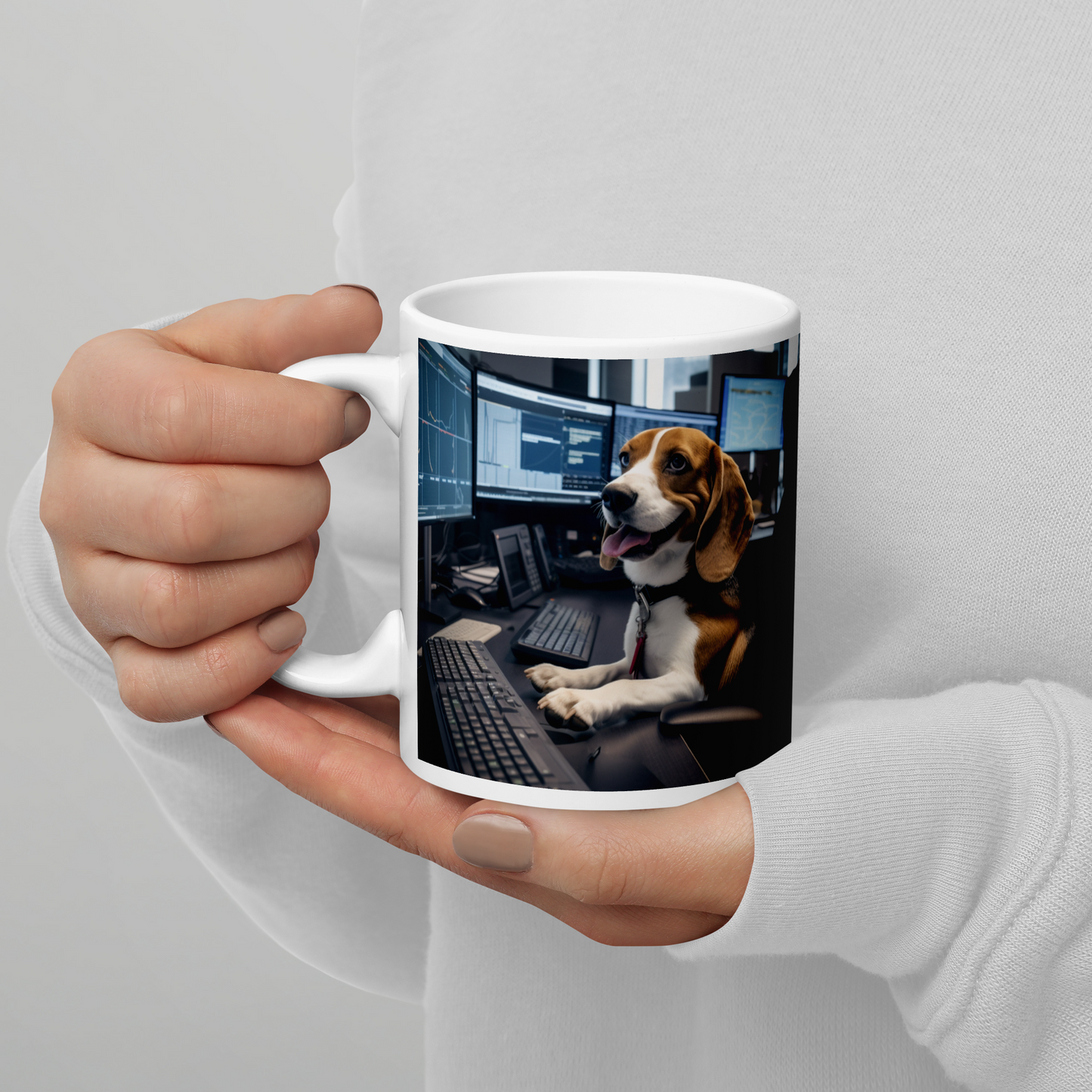 Beagle Stock Trader White glossy mug