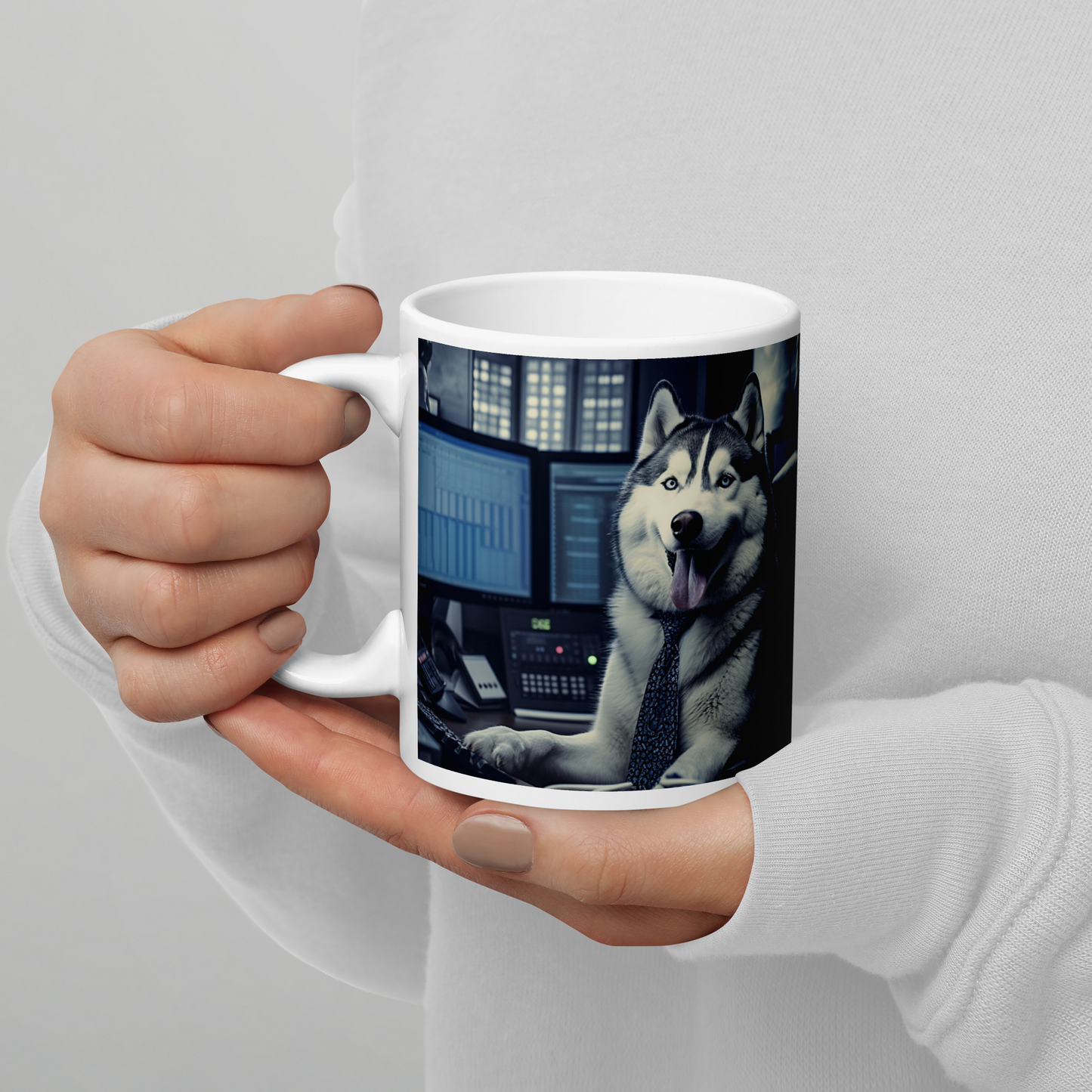 Siberian Husky Stock Trader White glossy mug