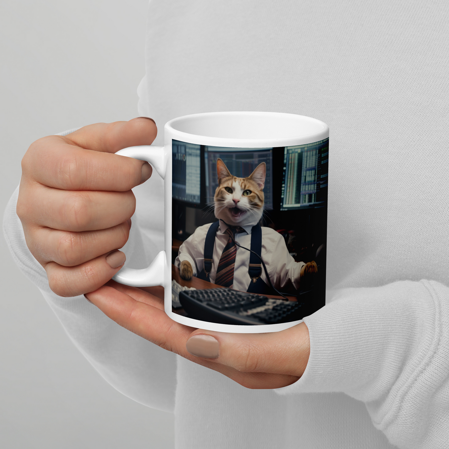 Domestic Shorthair Stock Trader White glossy mug