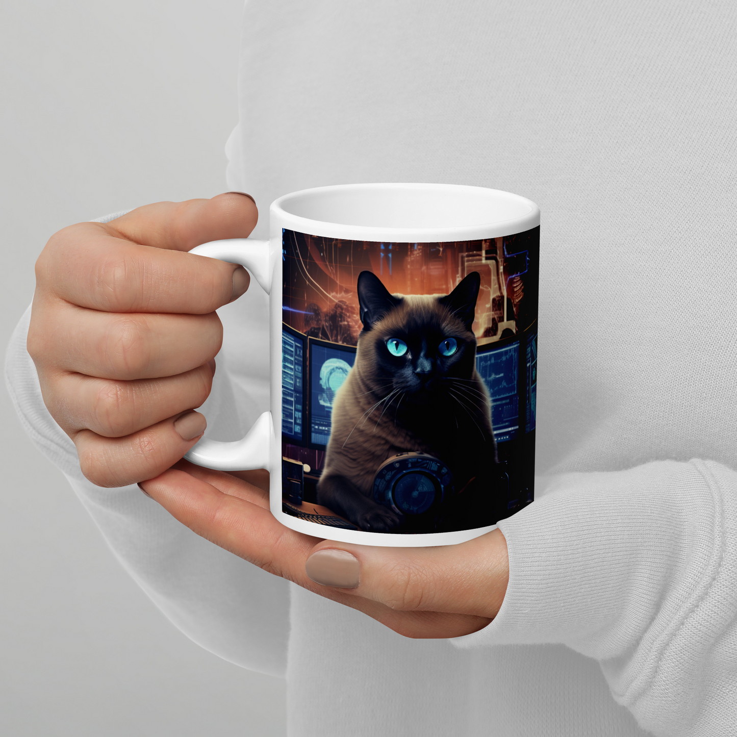 Siamese Stock Trader White glossy mug