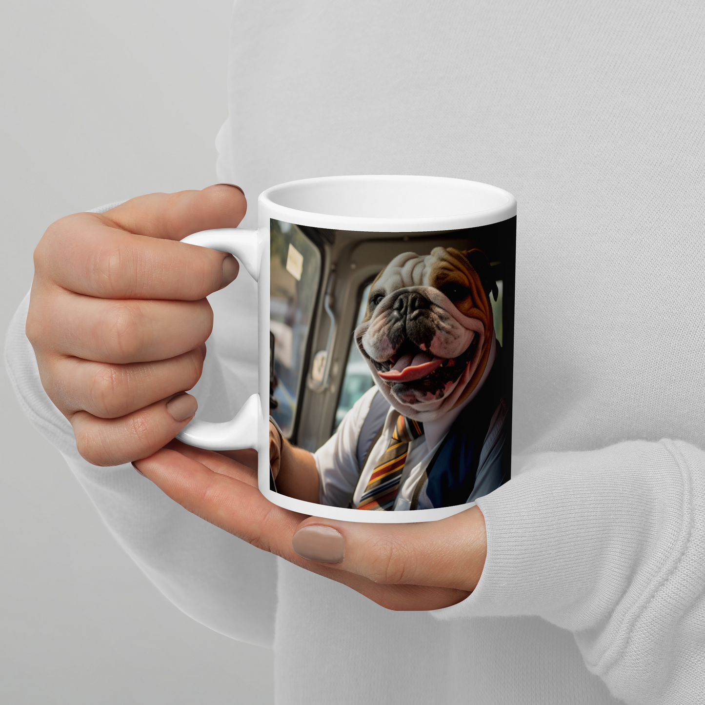 Bulldog Bus Driver White glossy mug