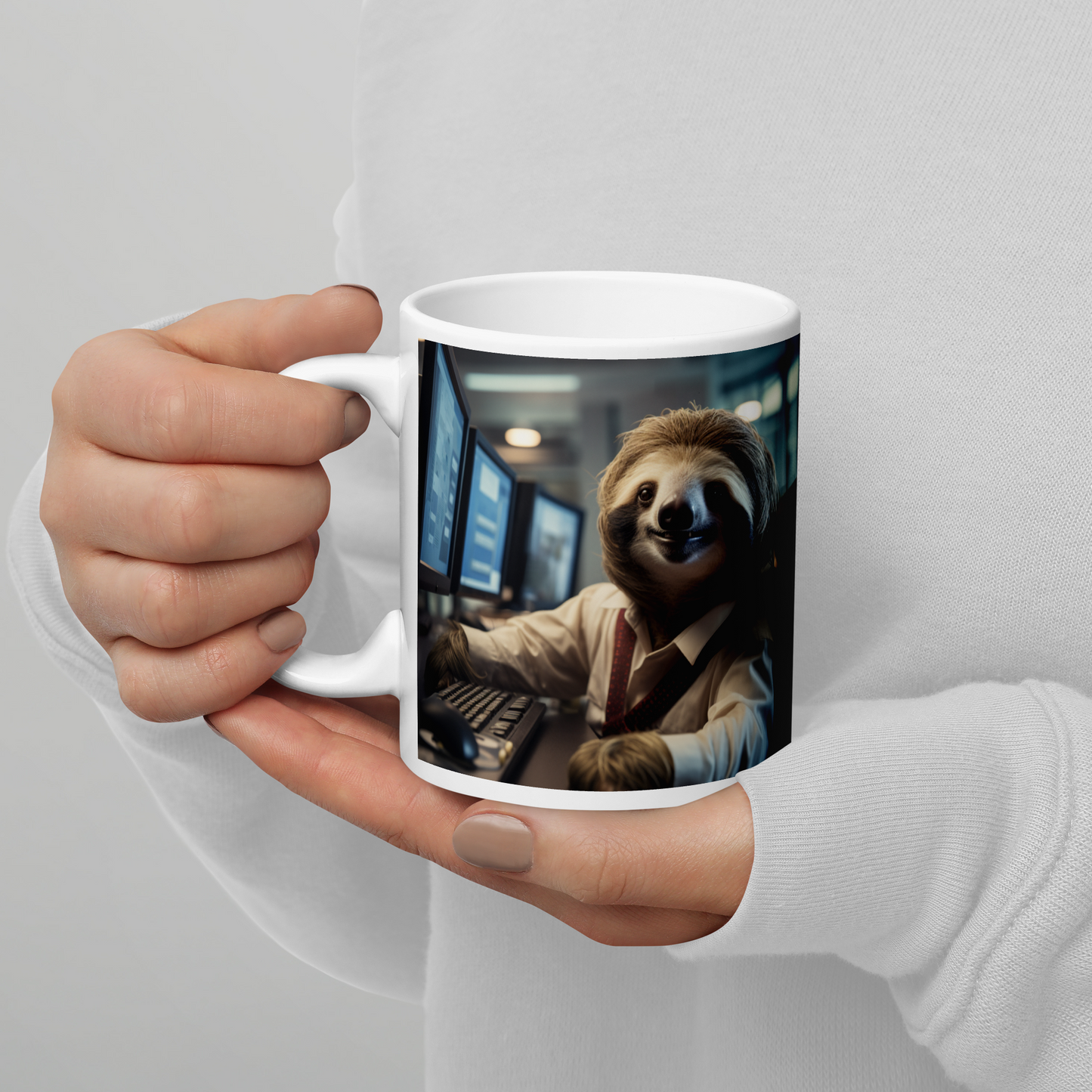 Sloth Stock Trader White glossy mug