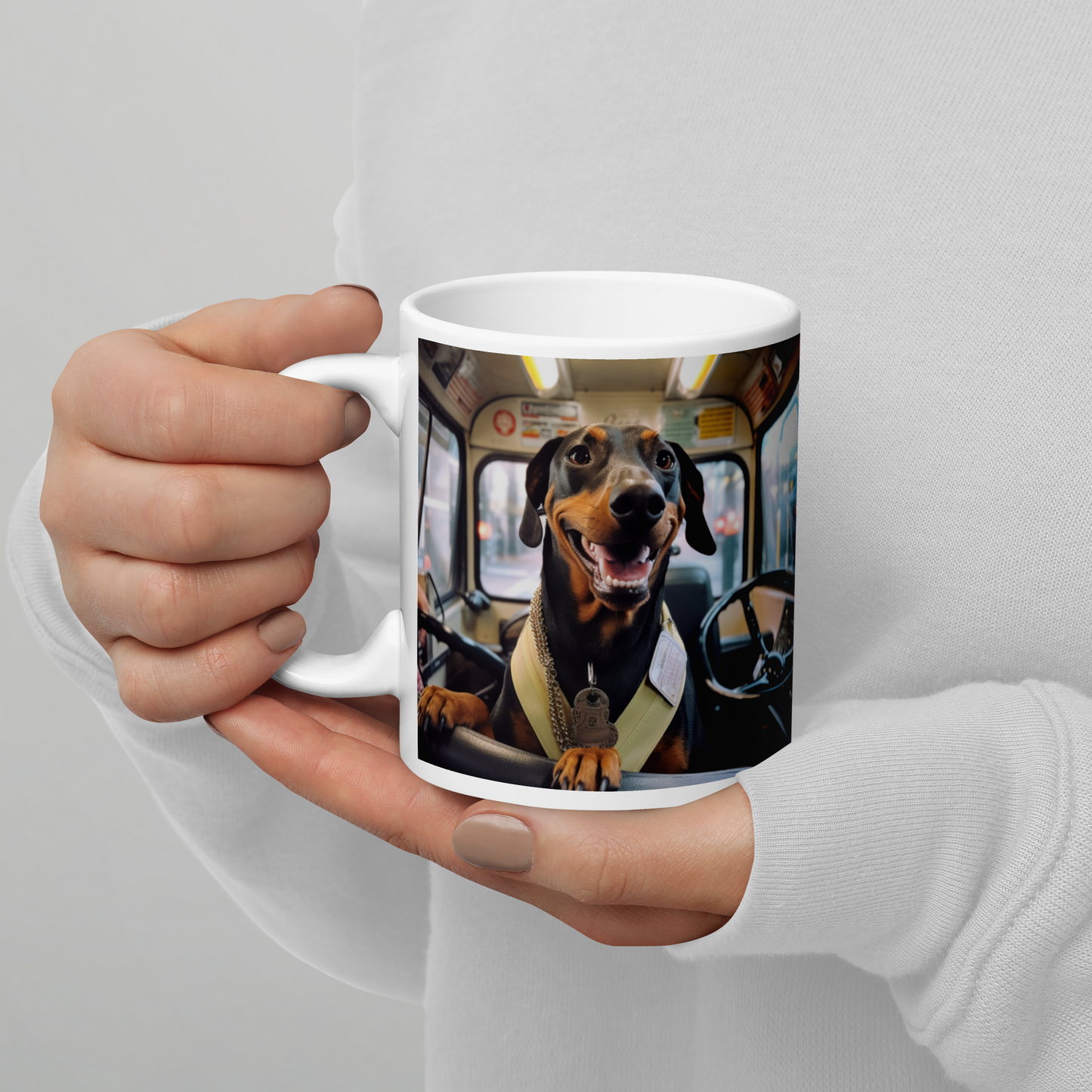 Dachshund Bus Driver White glossy mug