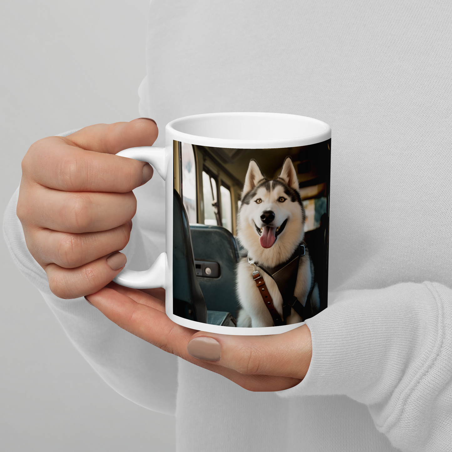 Siberian Husky Bus Driver White glossy mug