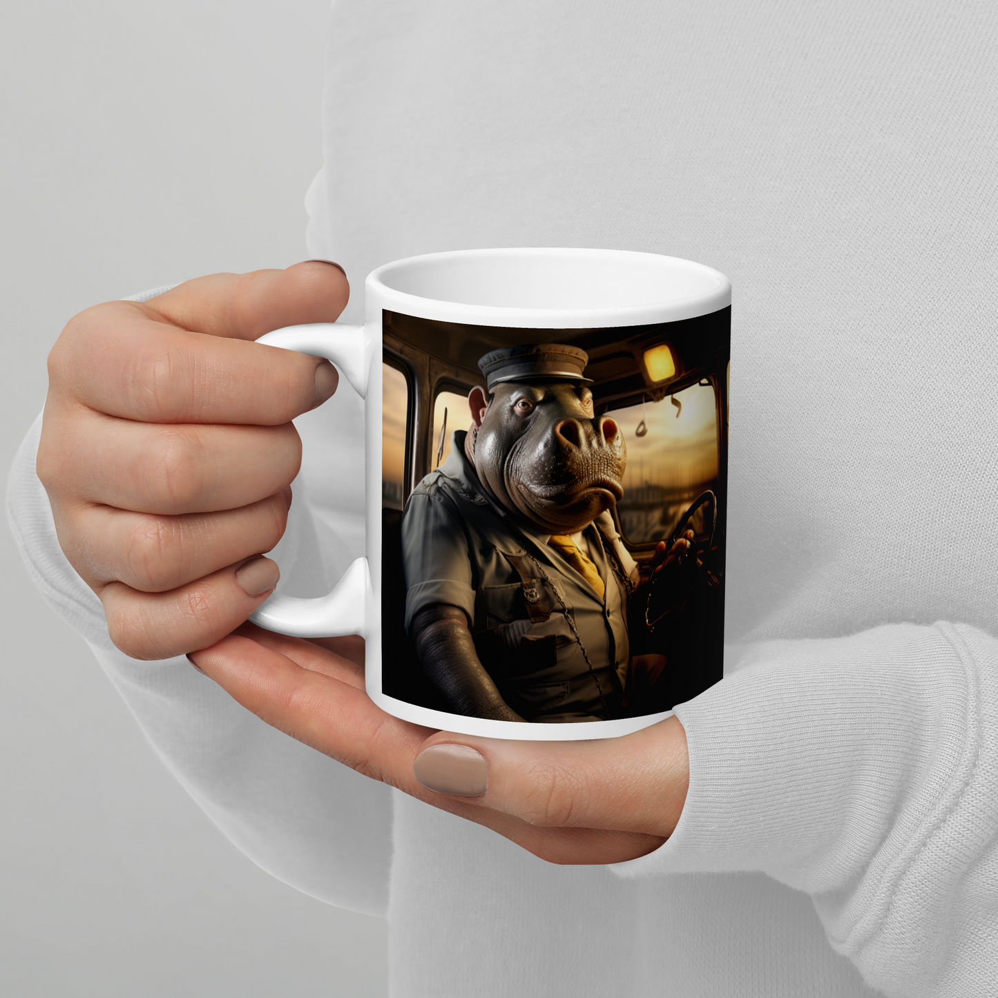 Hippo Bus Driver White glossy mug