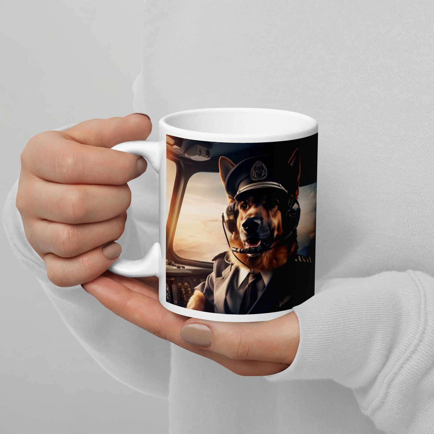 German Shepherd Airline Pilot White glossy mug