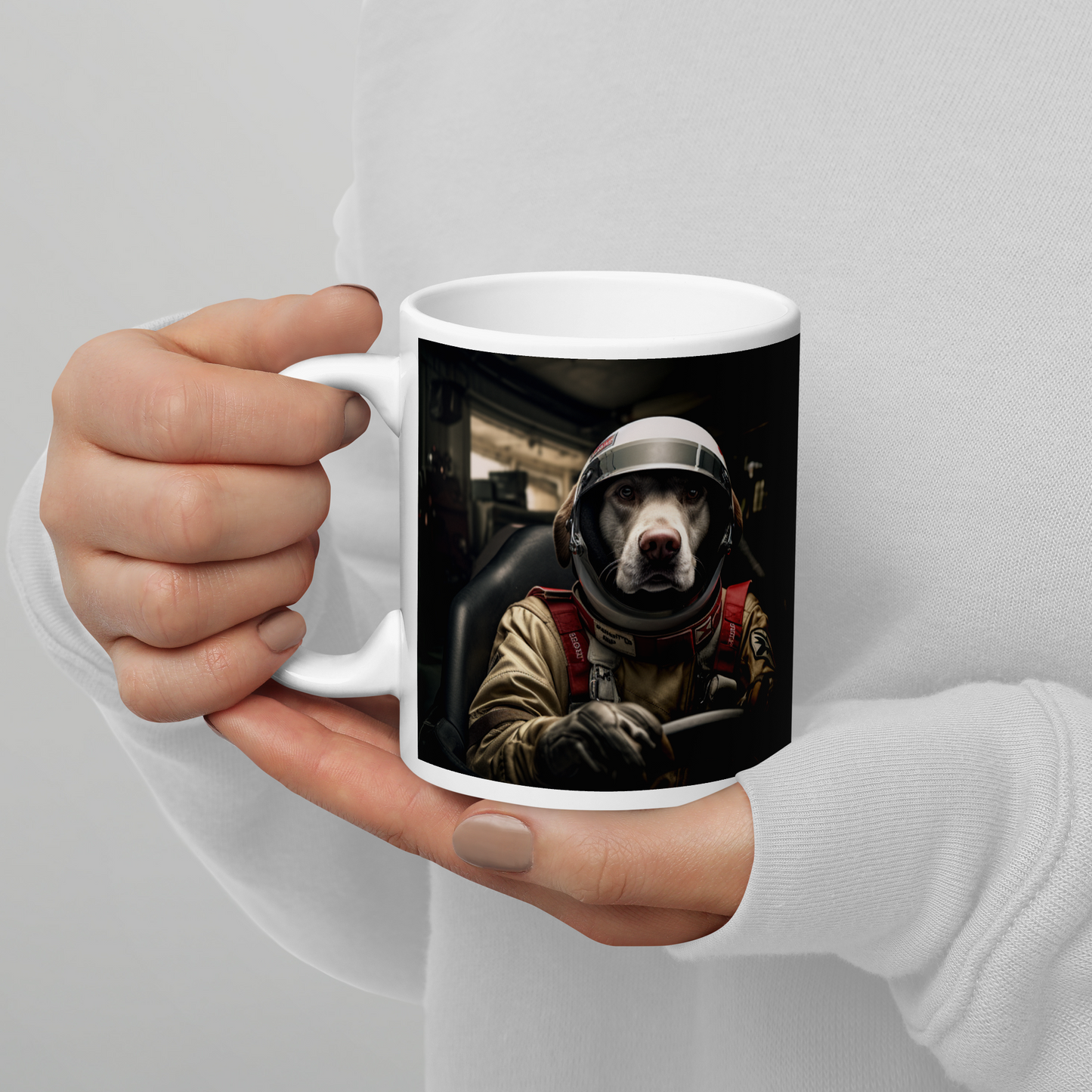 Labrador Retriever F1 Car Driver White glossy mug