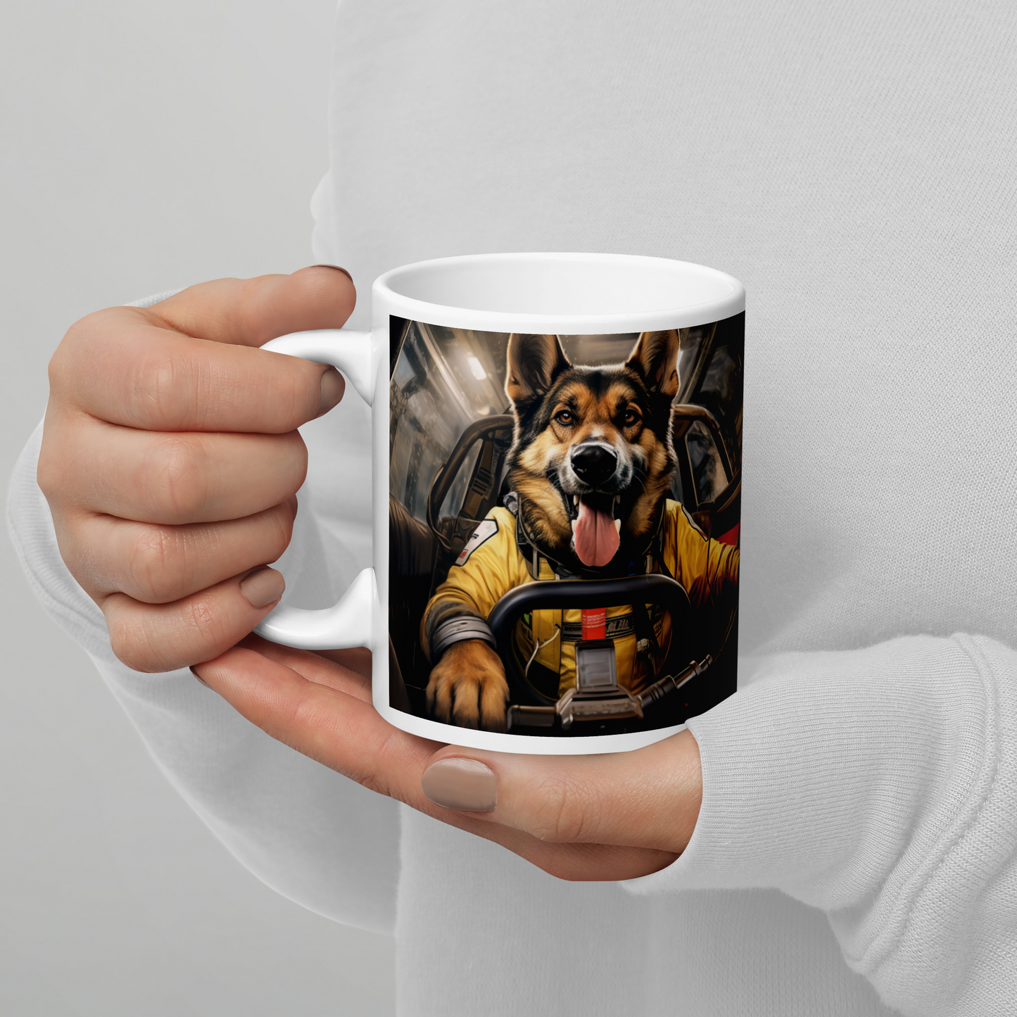 German Shepherd F1 Car Driver White glossy mug