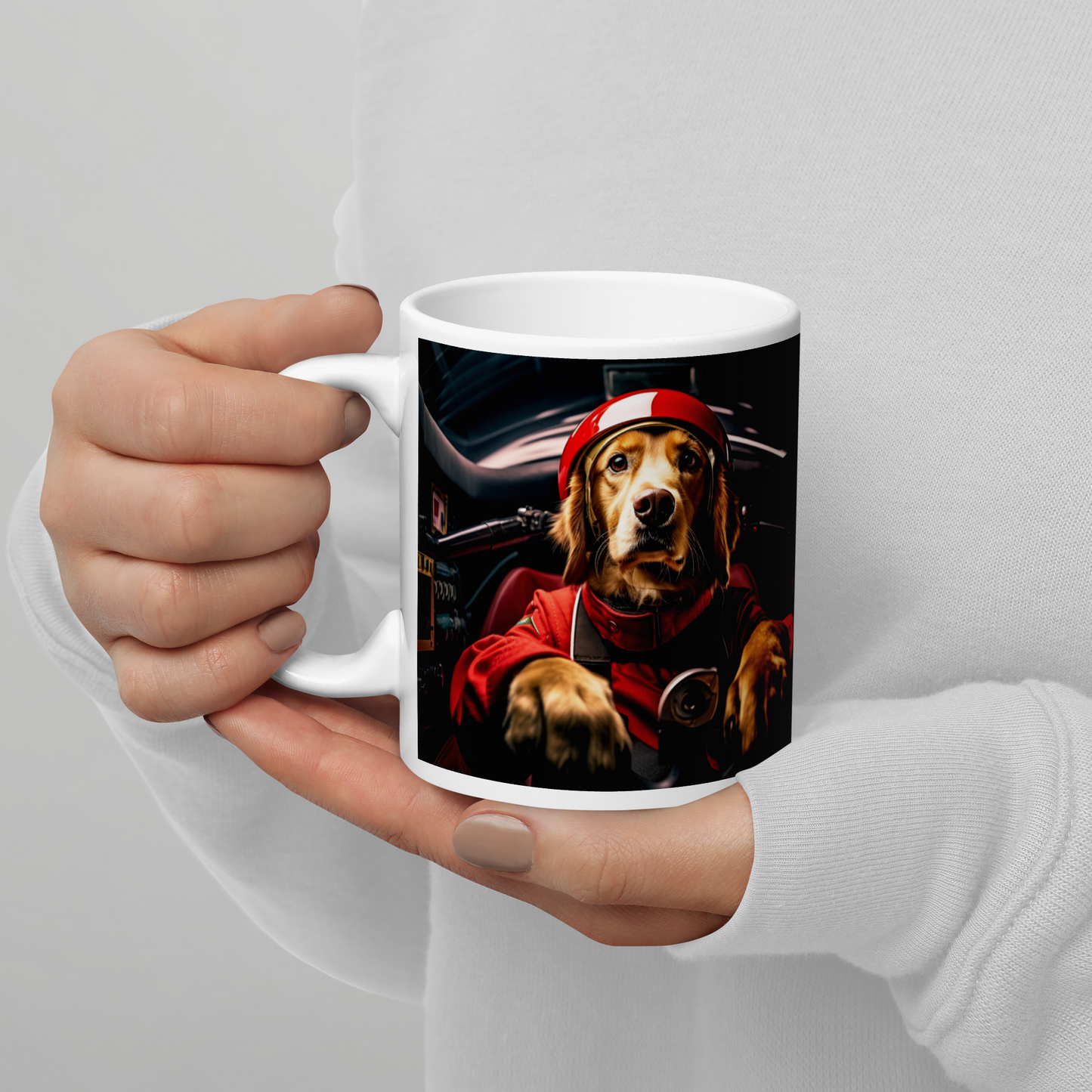 Golden Retriever F1 Car Driver White glossy mug