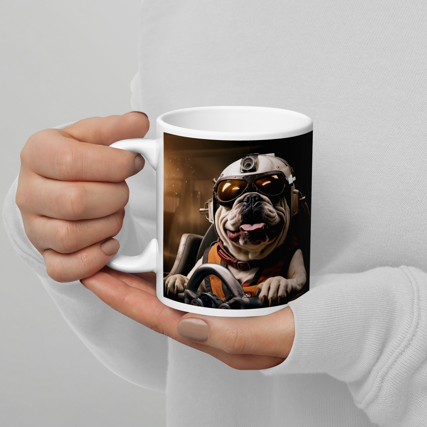 Bulldog F1 Car Driver White glossy mug