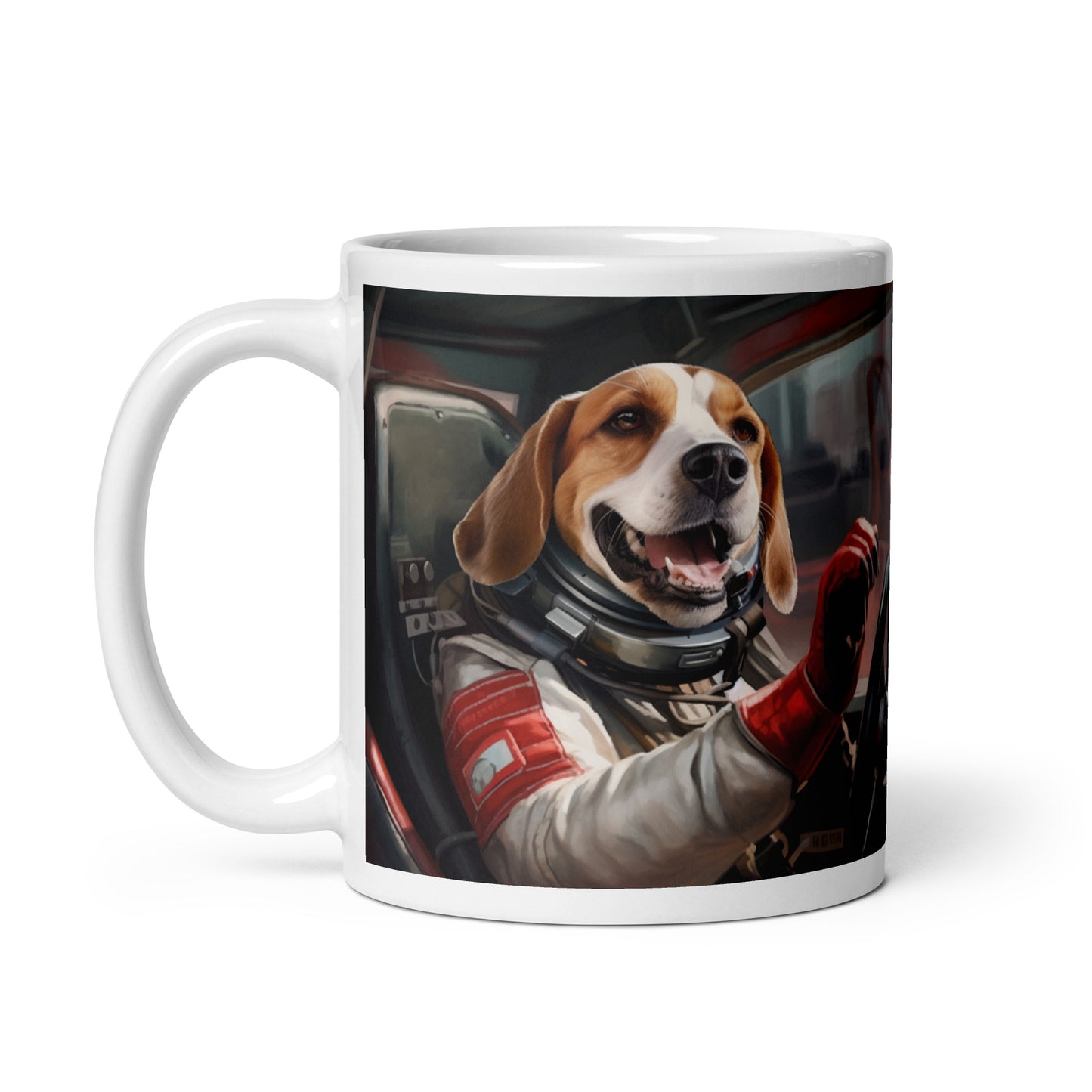 Beagle F1 Car Driver White glossy mug