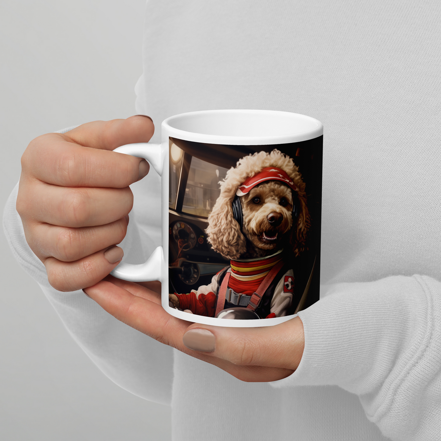 Poodle F1 Car Driver White glossy mug