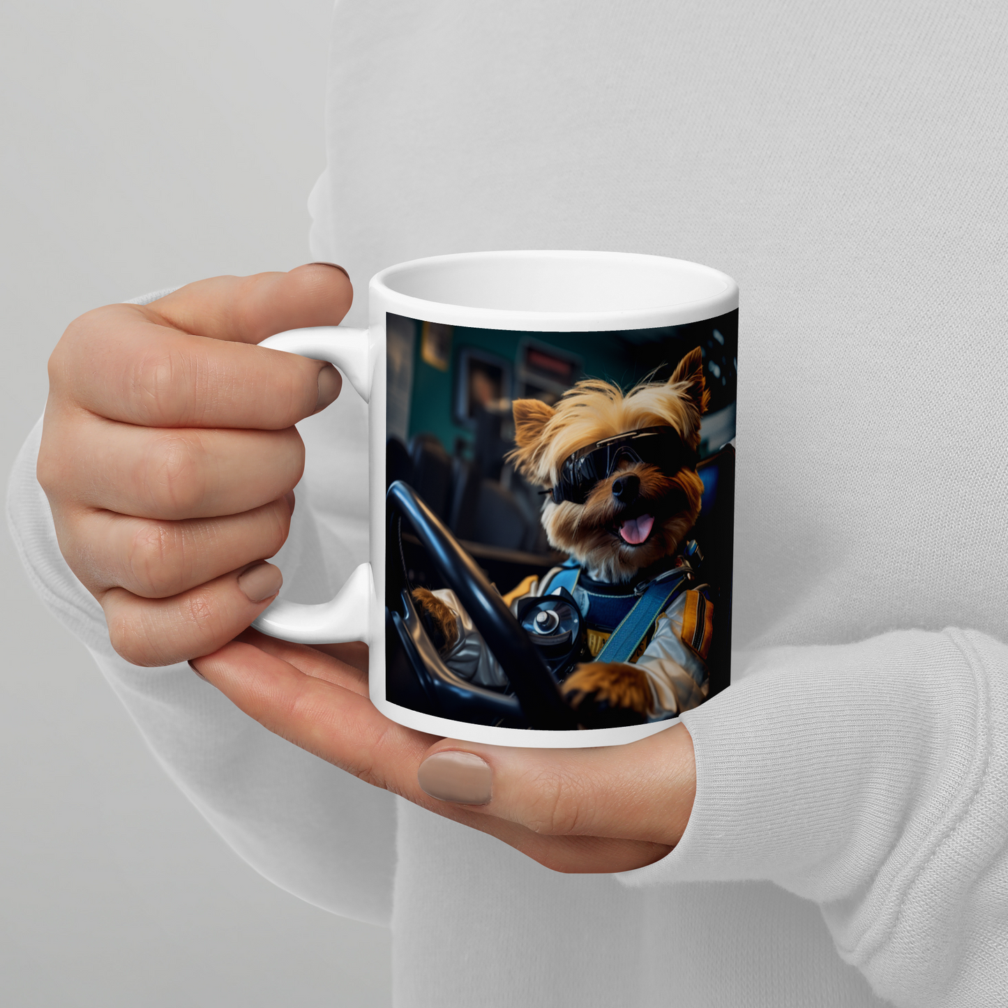 Yorkshire Terrier F1 Car Driver White glossy mug