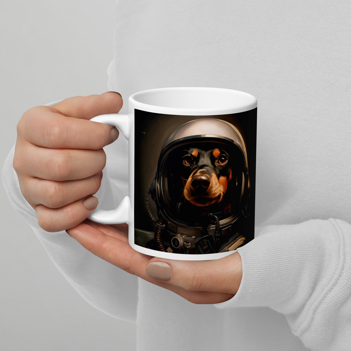 Dachshund F1 Car Driver White glossy mug