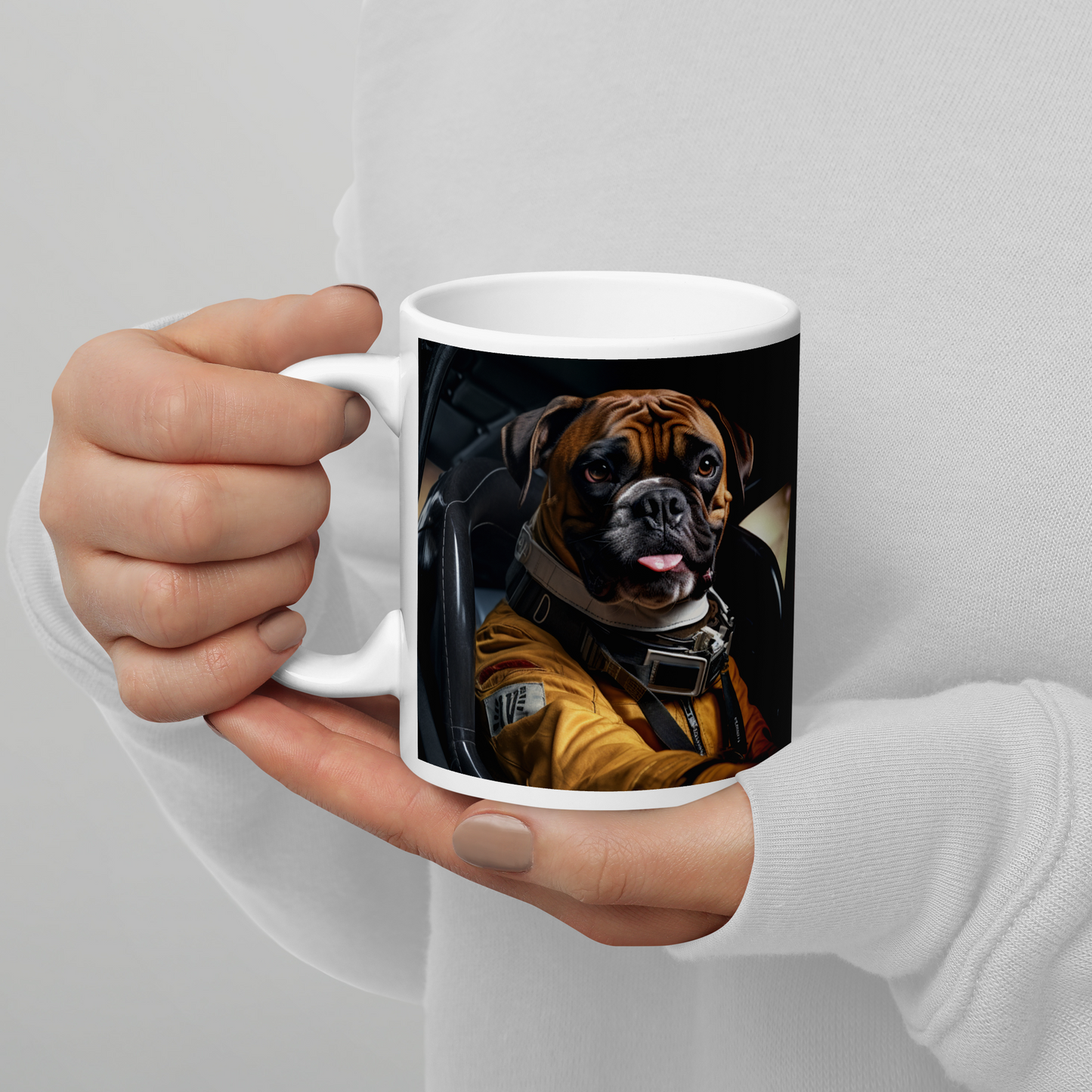 Boxer F1 Car Driver White glossy mug