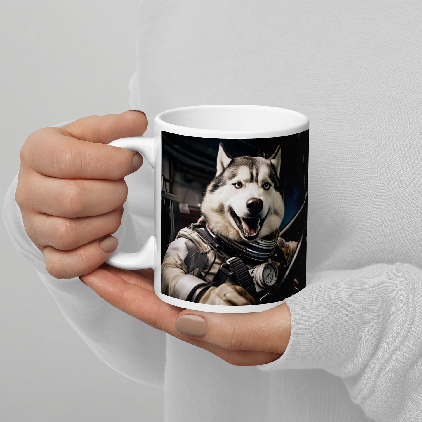 Siberian Husky F1 Car Driver White glossy mug