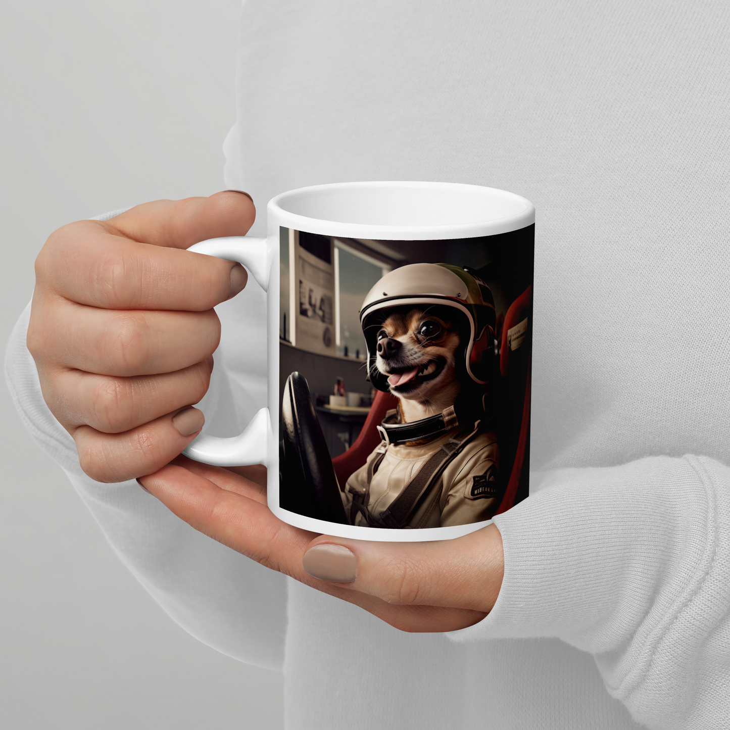 Chihuahua F1 Car Driver White glossy mug