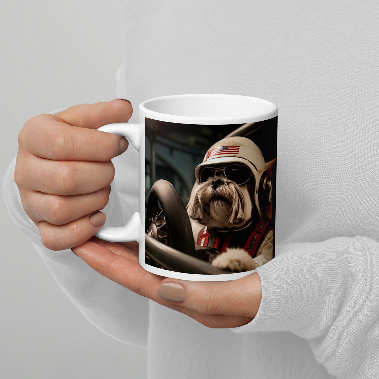 Shih Tzu F1 Car Driver White glossy mug