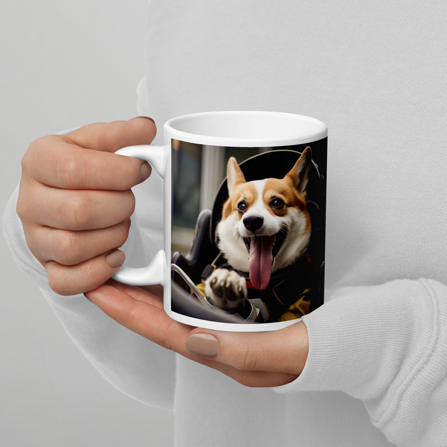 Pembroke Welsh Corgi F1 Car Driver White glossy mug