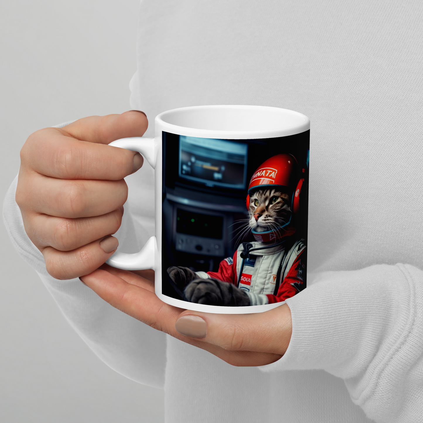 Domestic Shorthair F1 Car Driver White glossy mug