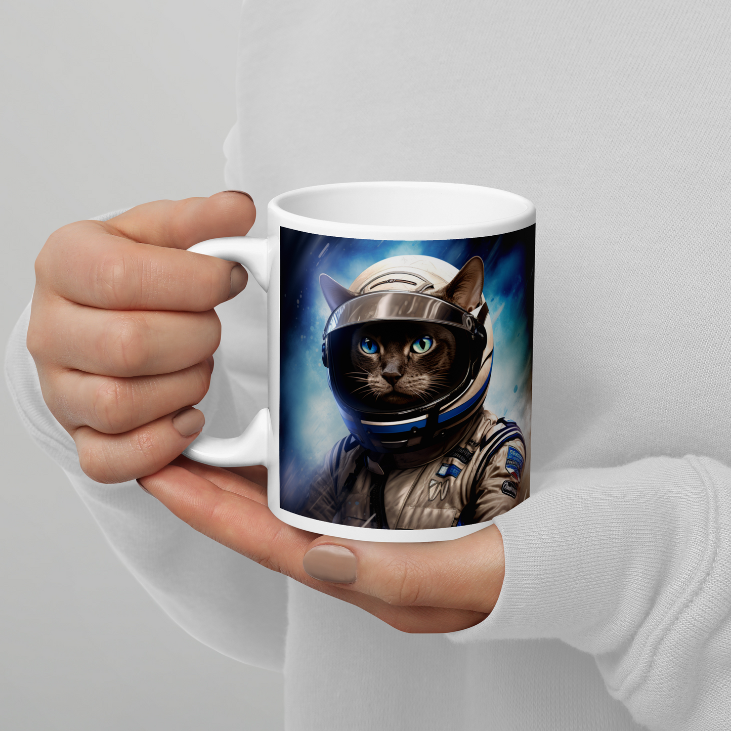 Siamese F1 Car Driver White glossy mug