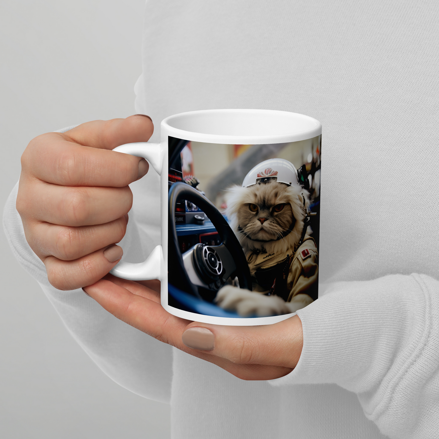 Persian F1 Car Driver White glossy mug