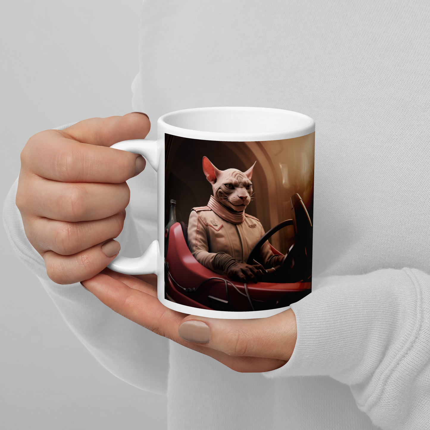 Sphynx F1 Car Driver White glossy mug