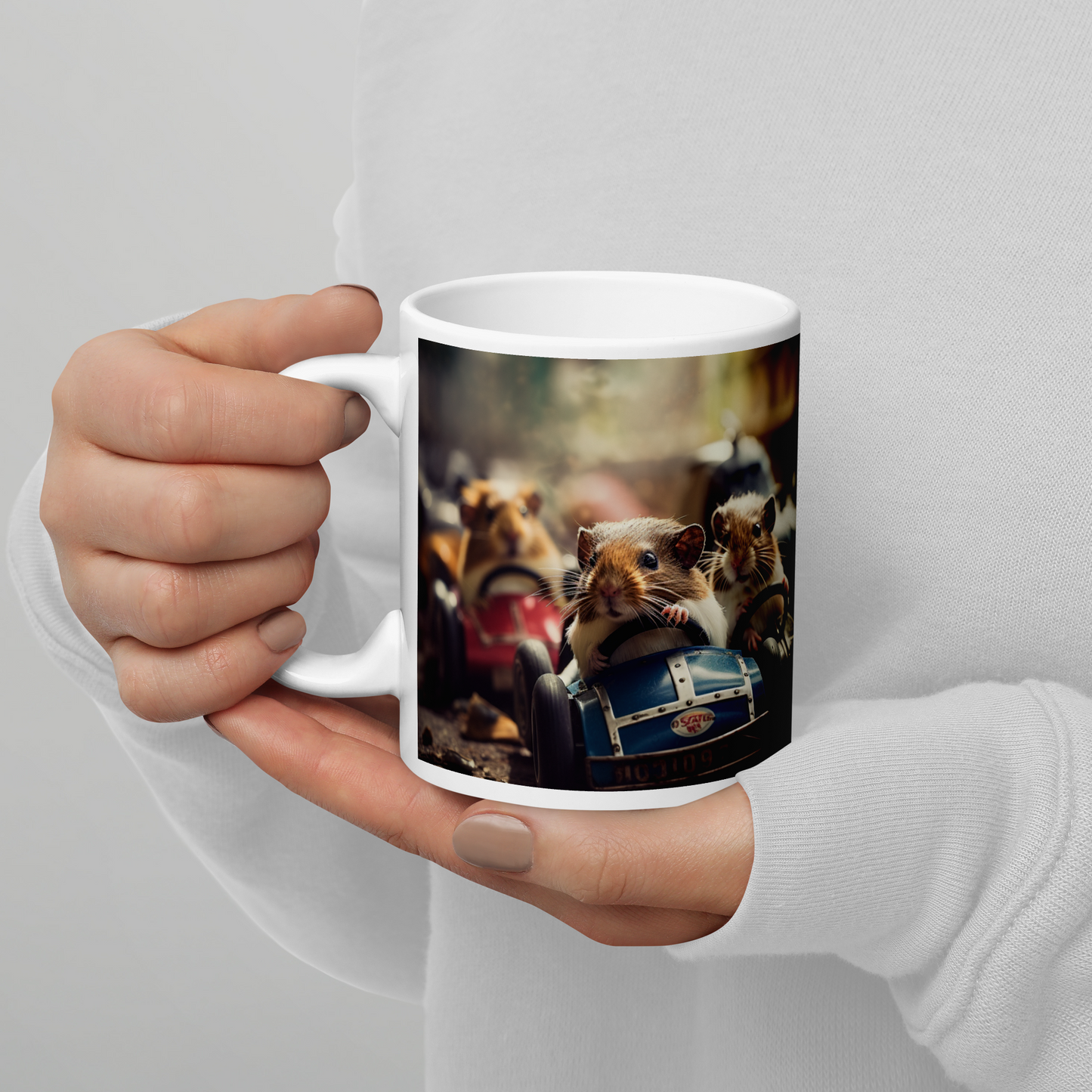 Guinea Pigs F1 Car Driver White glossy mug