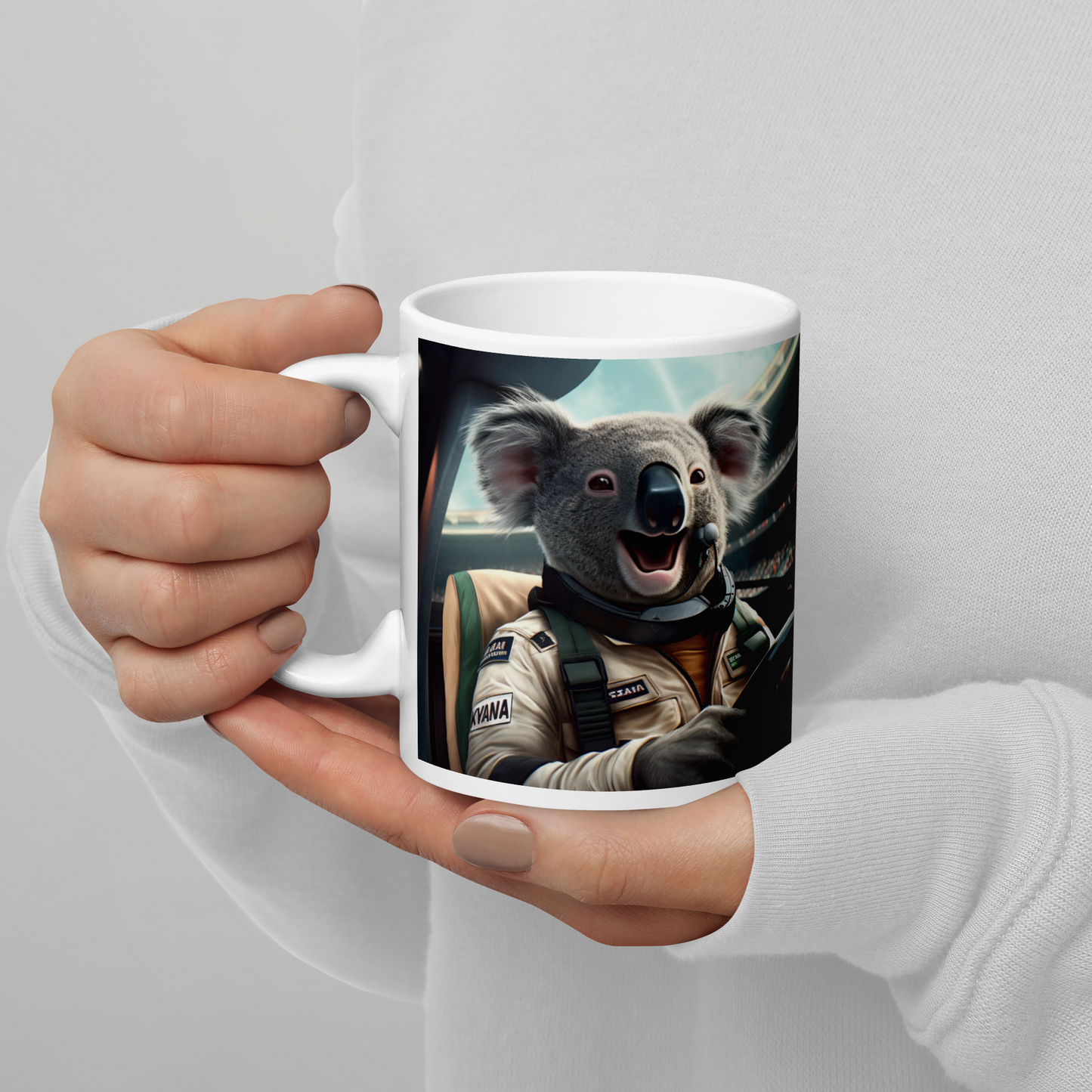 Koala F1 Car Driver White glossy mug