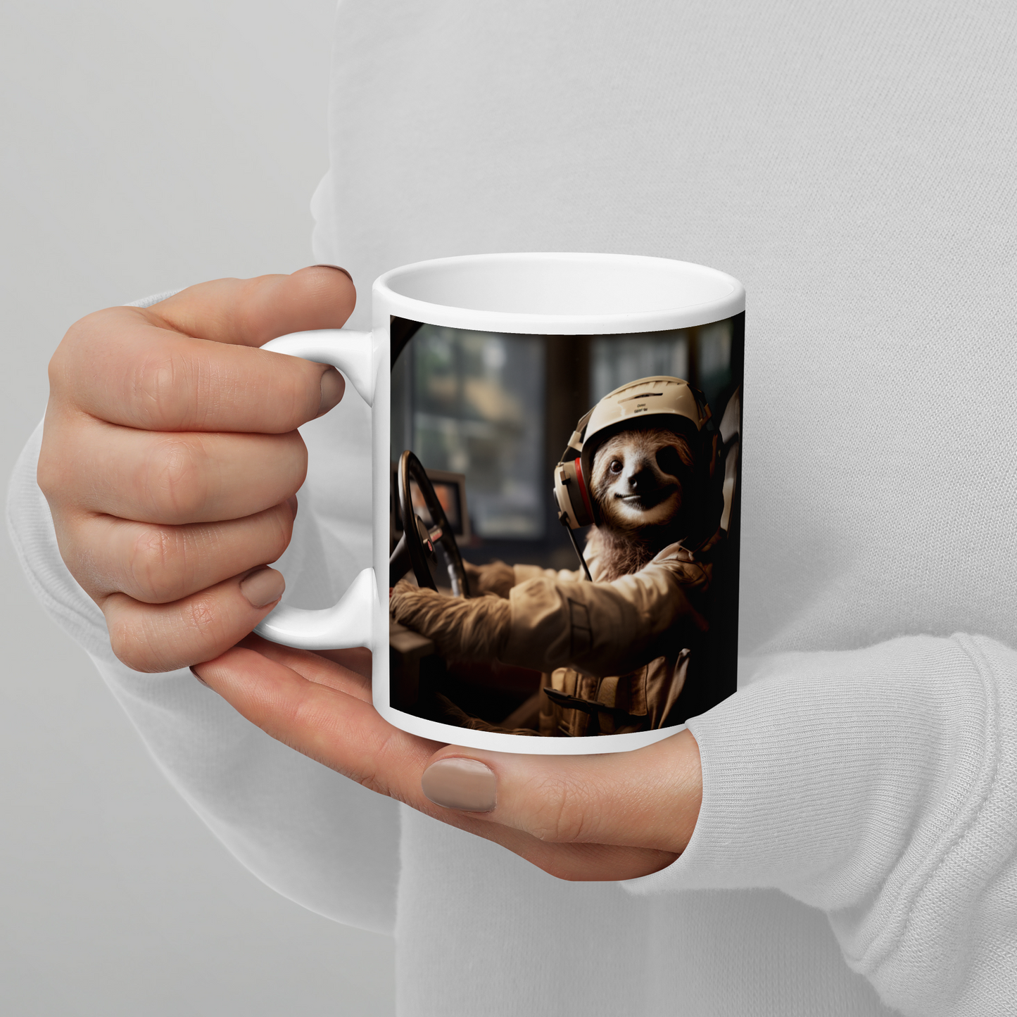 Sloth F1 Car Driver White glossy mug