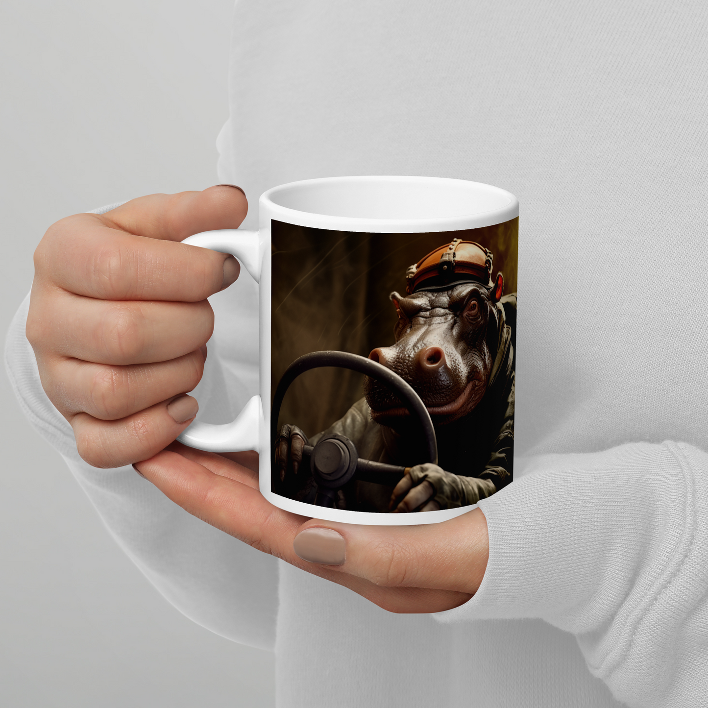 Hippo F1 Car Driver White glossy mug