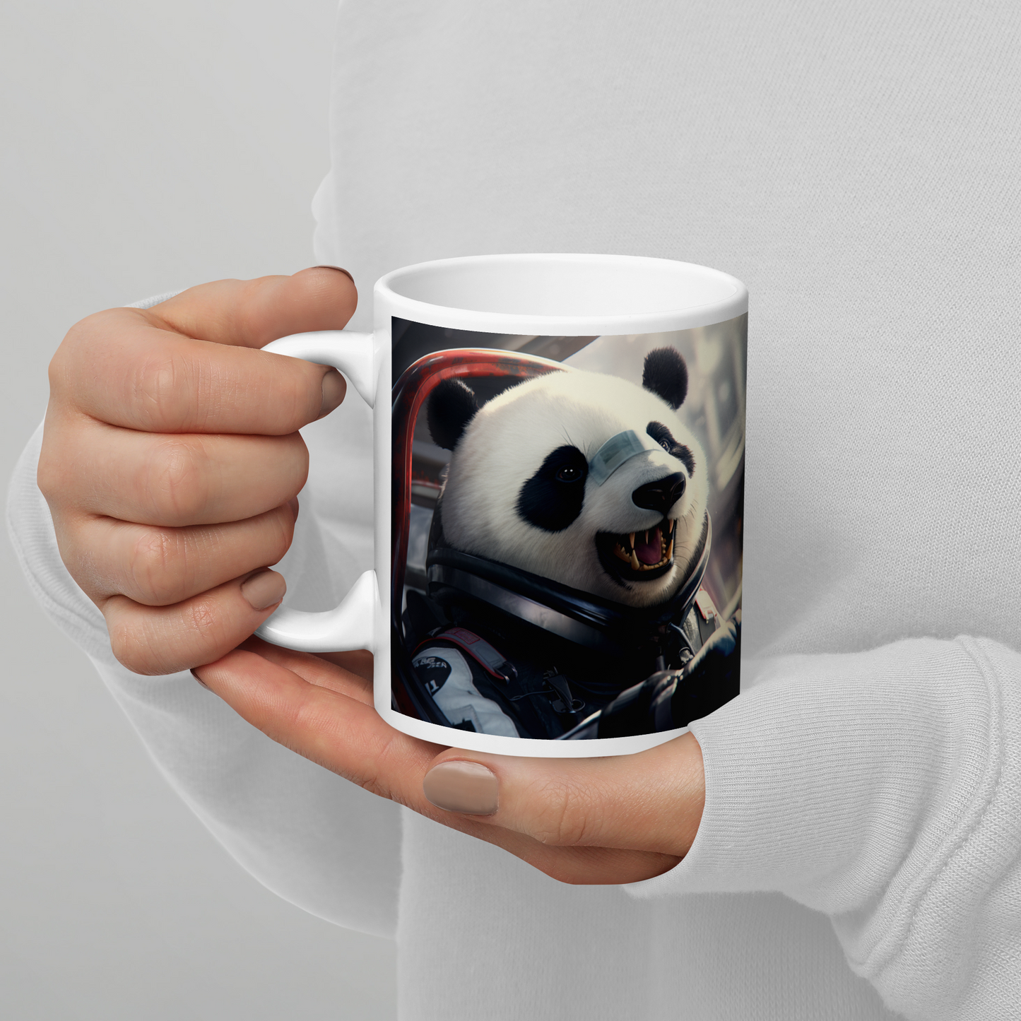 Panda F1 Car Driver White glossy mug