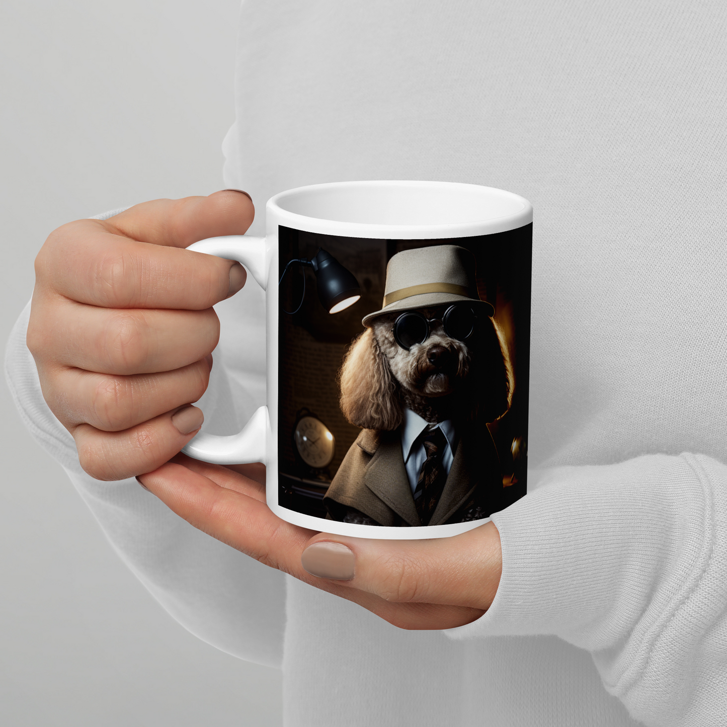 Poodle Detective White glossy mug