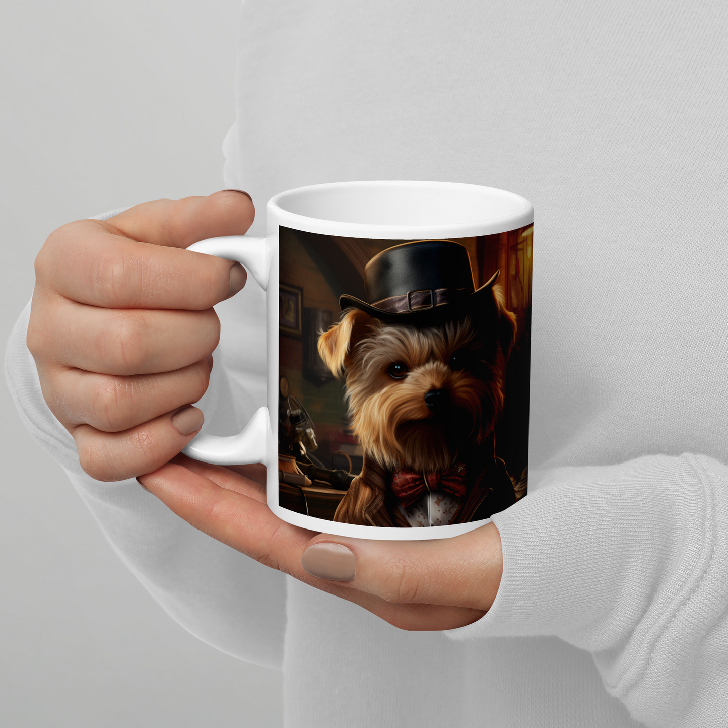 Yorkshire Terrier Detective White glossy mug